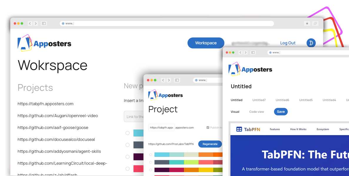 Apposters: Workspace, Project and visual editor preview